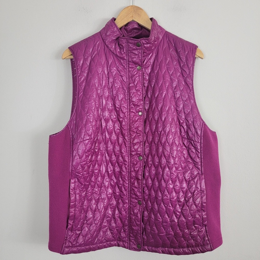 Talbots Quilted Vest Jacket Womens Size 2X Purple Zip Snap Knit Trim Mock Neck‎